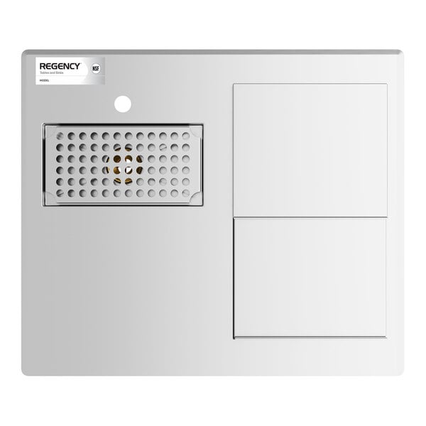 A rectangular stainless steel panel featuring a perforated section, two square panels, and a small label in the top left corner.