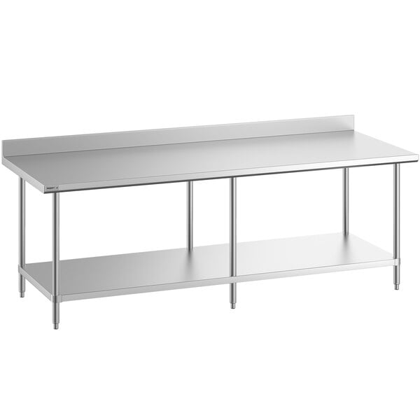 A Regency stainless steel work table with undershelf and backsplash.