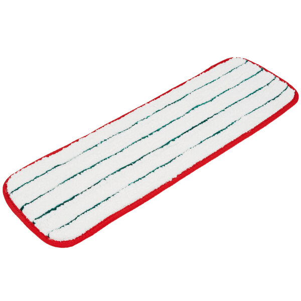 A white and red mop pad with a green stripe.