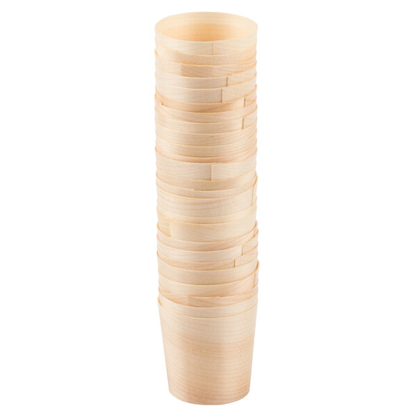 A stack of Tablecraft wooden cups.