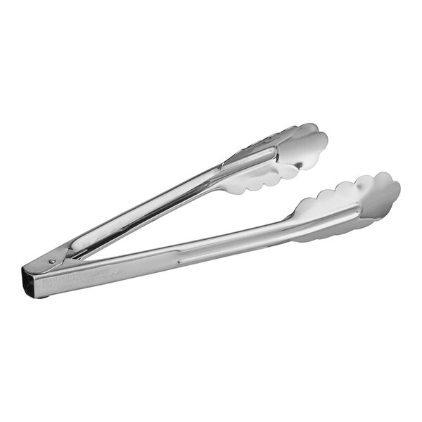 A close-up of Vollrath stainless steel utility tongs with handles.