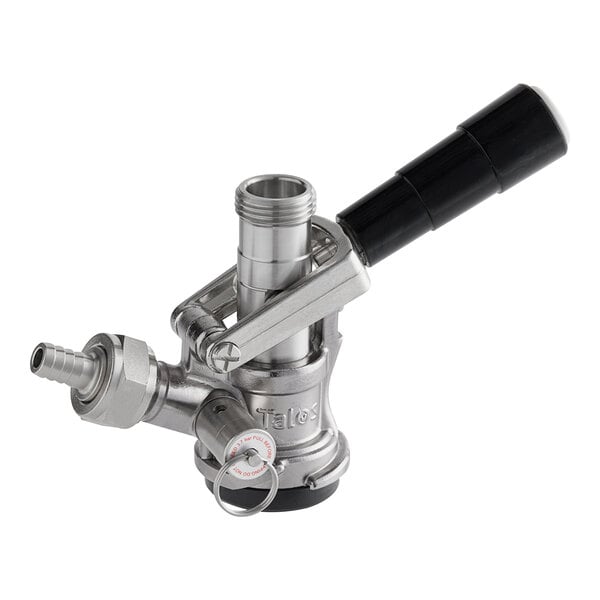A close up of a silver and black Avantco "D" system beer keg coupler.