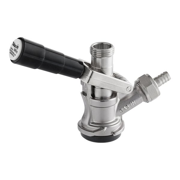 An Avantco stainless steel "D" system beer keg coupler with a black handle.
