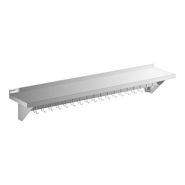 A stainless steel wall-mounted pot rack with a shelf and 18 galvanized hooks.