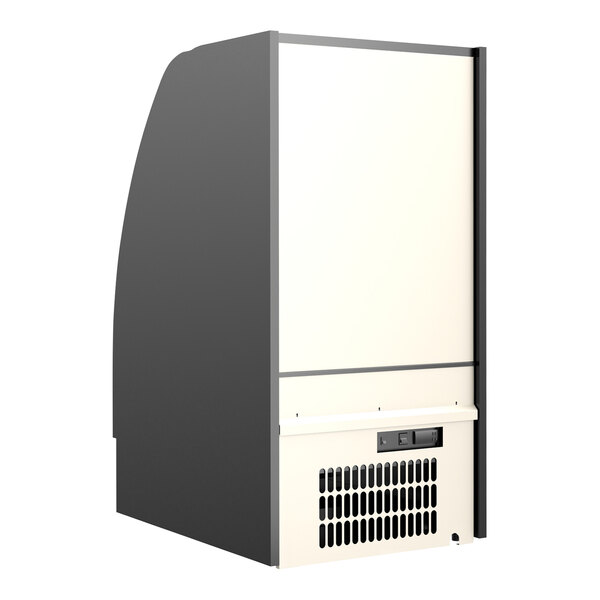 A white and black rectangular Structural Concepts Harmony air curtain merchandiser with the door open.