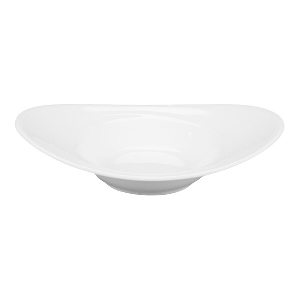 A white, triangular-shaped porcelain dish with a shallow center and wide rim.