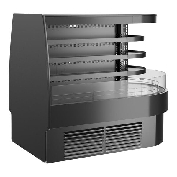 A black Structural Concepts Oasis air curtain merchandiser on a counter with a glass top.