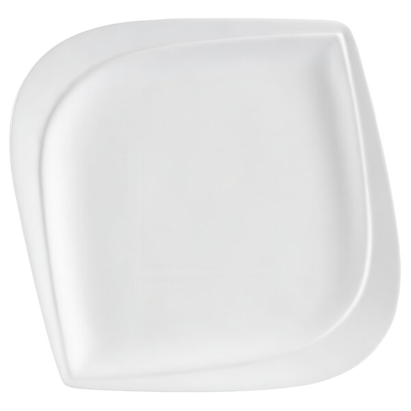 A CAC Aspen Tree bone white porcelain square plate with curved edges.