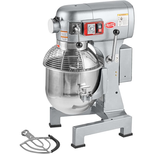 An Avantco 20 Qt. stand mixer with a metal bowl and a metal bowl guard.