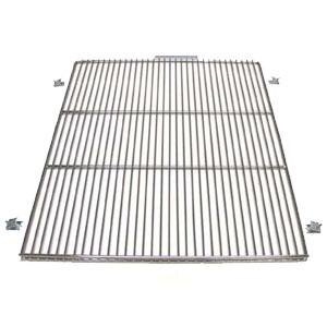 A chrome notched shelf with a grid on it.