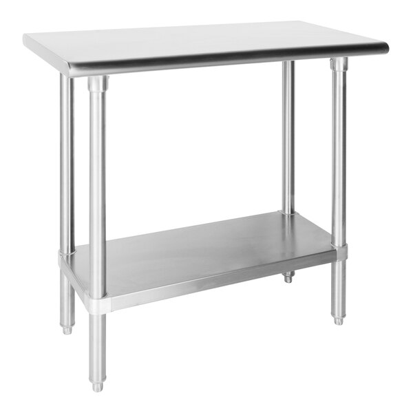A stainless steel work table with an undershelf.