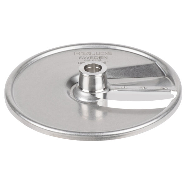 A stainless steel circular food processor blade with a blade.