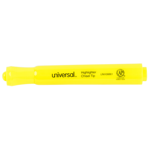A Universal fluorescent yellow highlighter pen with a chisel tip.