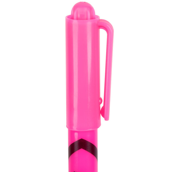 An Avery pink highlighter pen with a black and red tip and handle.