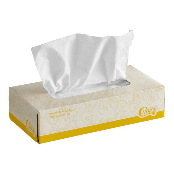 A rectangular box of Choice brand 2-ply facial tissues with one tissue partially pulled out.