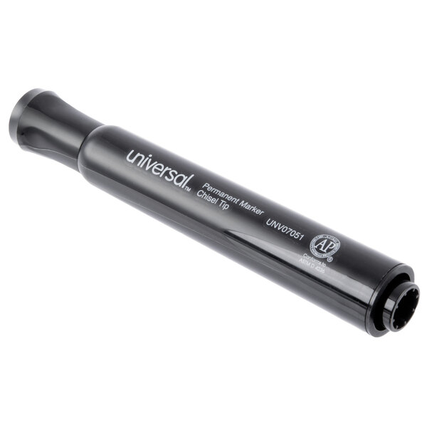 A close-up of a black Universal chisel tip marker pen.
