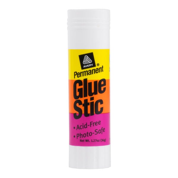 A white cylindrical glue stick with a colorful label displaying the words 'Permanent Glue Stic' and information about being acid-free and photo-safe.