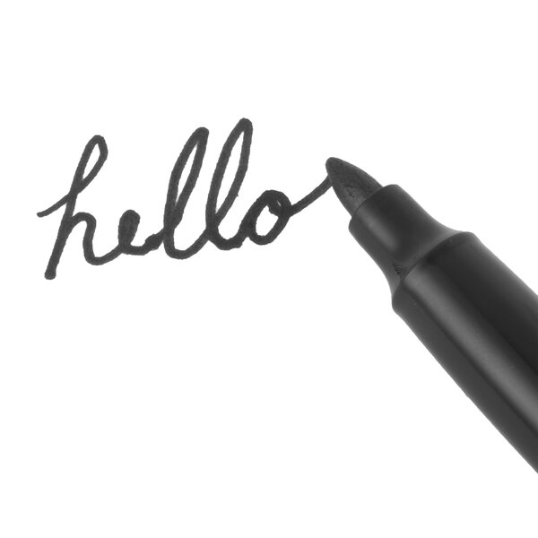 A close-up of a Universal black pen writing the word "hello."