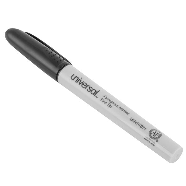 A close-up of a Universal black fine point permanent marker.