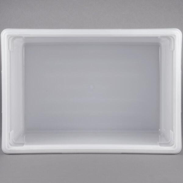 A white plastic Rubbermaid food storage container with a white lid.