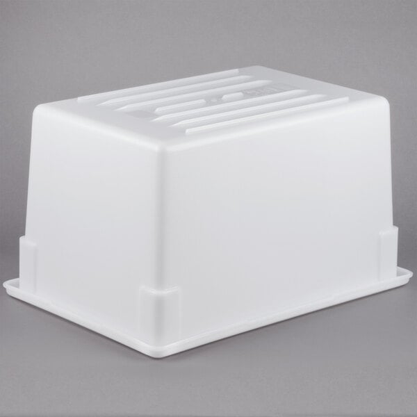 A white plastic Rubbermaid food storage box with a lid.