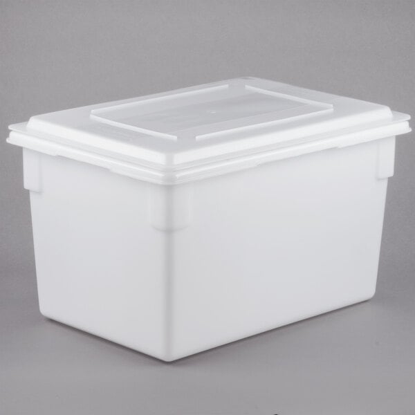 A white Rubbermaid polyethylene food storage box with a lid.
