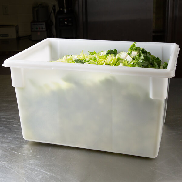 A white Rubbermaid food storage container filled with lettuce.