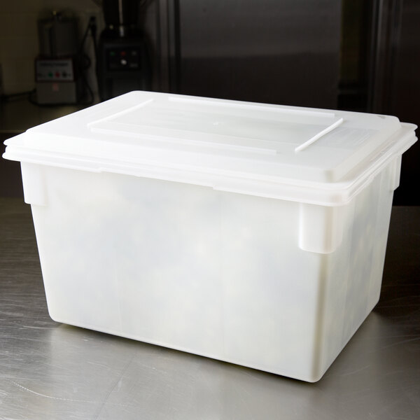 A white Rubbermaid polyethylene food storage container with a lid.