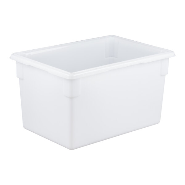 A large white rectangular polyethylene food storage box.