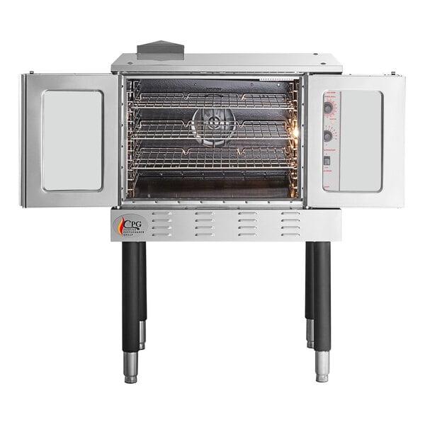 A Cooking Performance Group commercial convection oven with an open door.