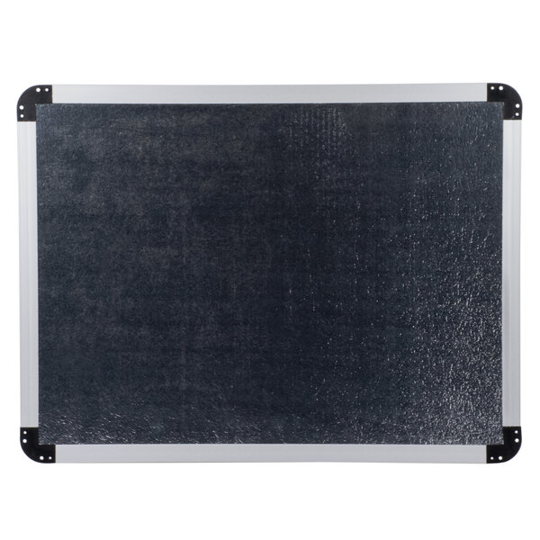 A black board with white corners and a silver aluminum frame.