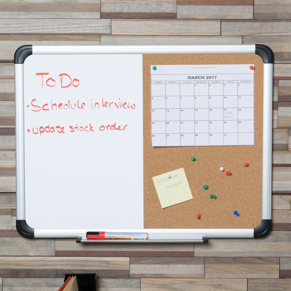 A Universal two panel board with a white dry erase board and cork board with notes and a calendar.