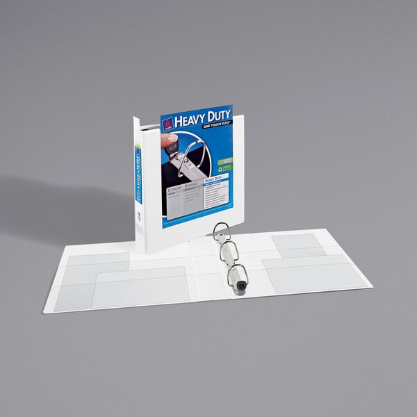 A white Avery heavy-duty view binder with a white and blue cover and locking rings.