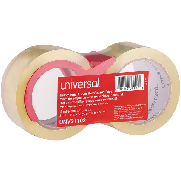 A roll of Universal clear heavy-duty box sealing tape with a red label.