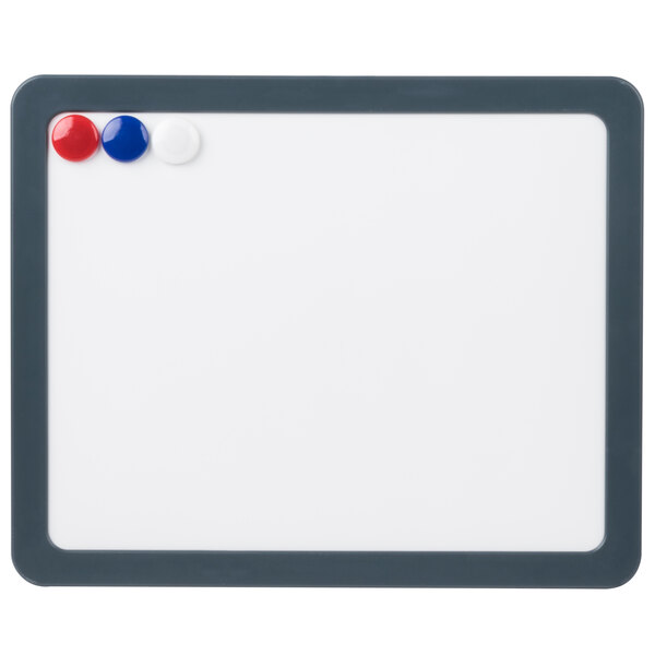 A white Universal magnetic melamine dry erase board with red, white, and blue magnets.