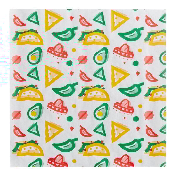 A sheet of deli sandwich wrap paper with a colorful Mexican-themed print featuring tacos, sombreros, avocados, and tortilla chips.