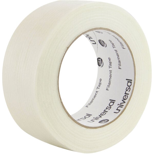 A roll of clear Universal premium filament tape with black text on the label.