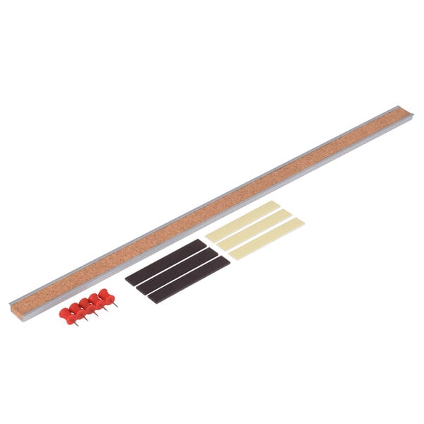 A Universal brown cork bulletin bar with pins and screws.