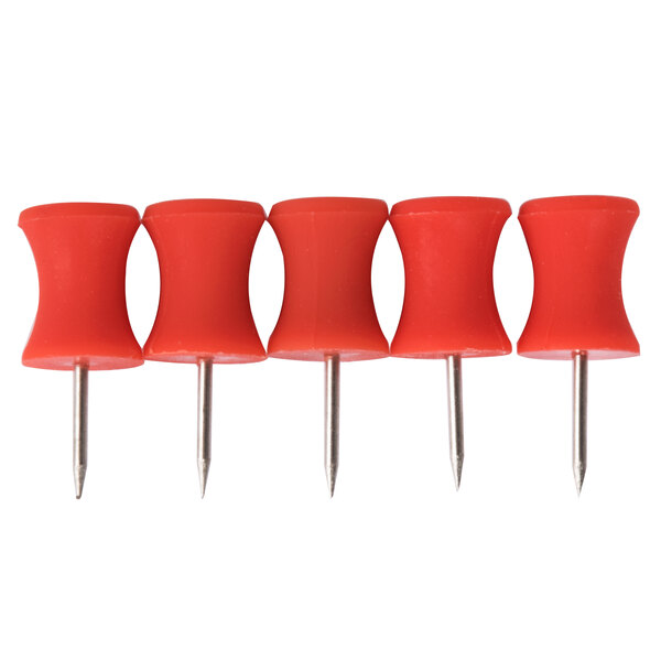 A row of red Universal cork bulletin bar push pins.