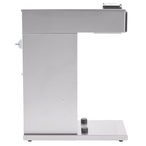 A silver rectangular Bunn airpot brewer with a black handle.