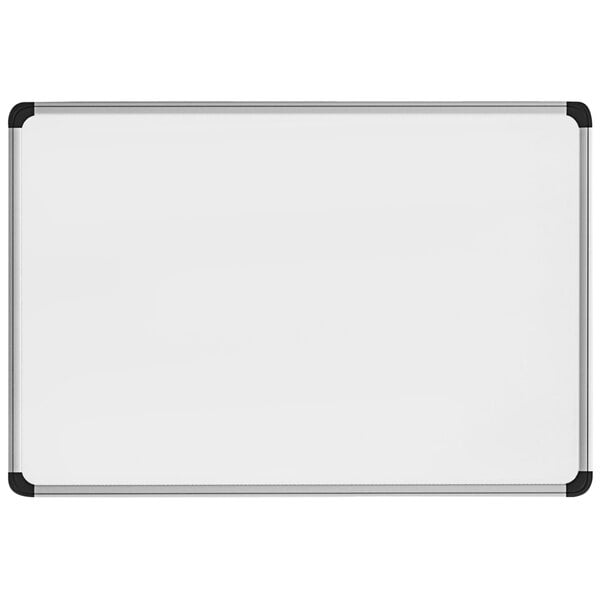 A Universal white magnetic steel dry erase board with a silver frame and black corners.