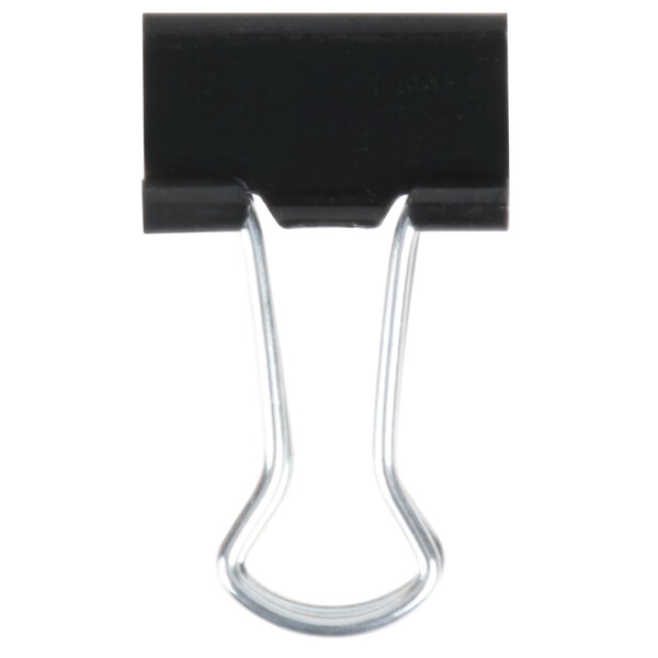 A close-up of a black Universal mini binder clip with a metal hook.