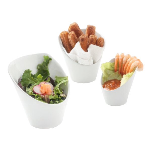 Three Tuxton TuxTrendz high back bowls filled with food on a white background.