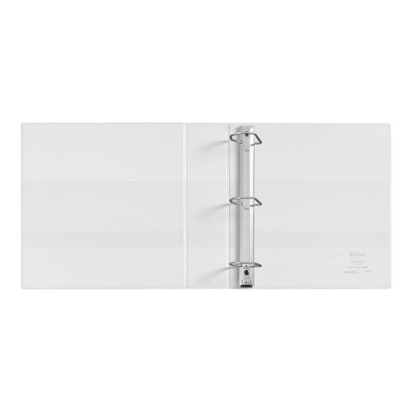 An open white three-ring binder with metal slant rings and interior pockets on both covers.