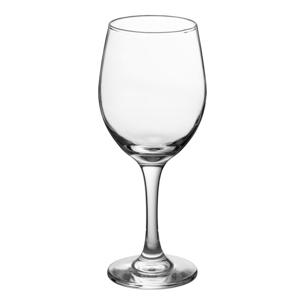 A clear, 14 oz. all-purpose wine glass with a stem and round base.