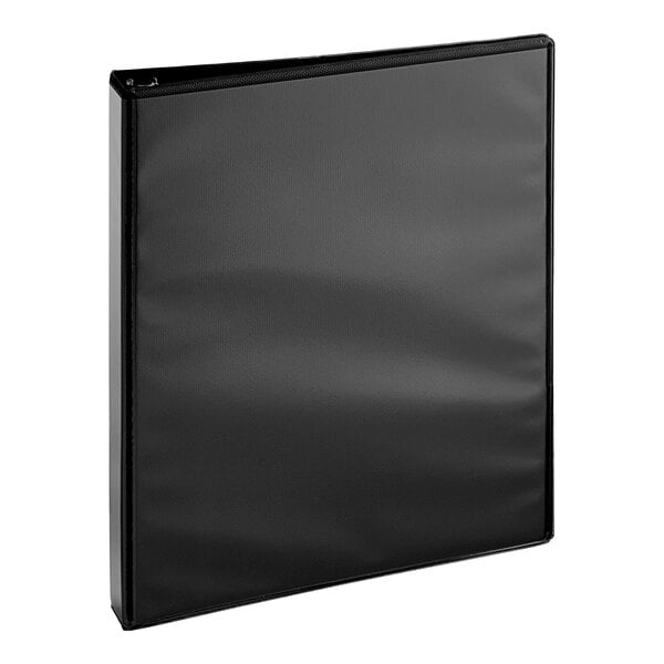 A black Avery Economy View binder with a clear cover on a white surface.