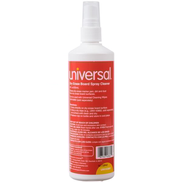 A white Universal spray bottle with red and white text for dry erase boards.