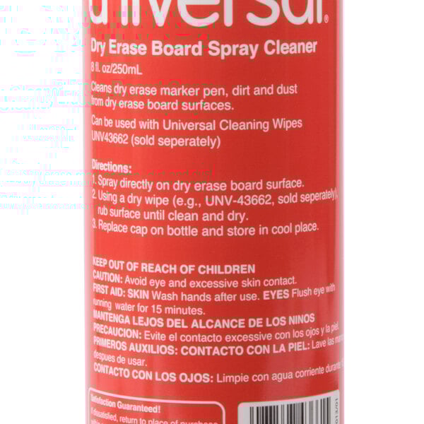 A red Universal 8 oz. can of dry erase spray cleaner.