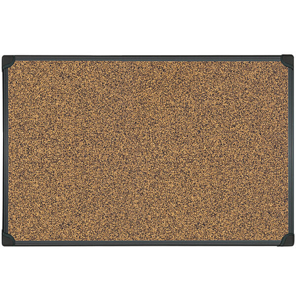 A Universal cork board with black frame.