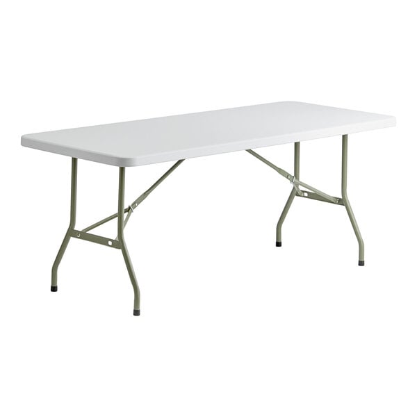Lancaster Table & Seating 30" x 72" Heavy-Duty Granite White Plastic Folding Table with Sage Gray Legs
